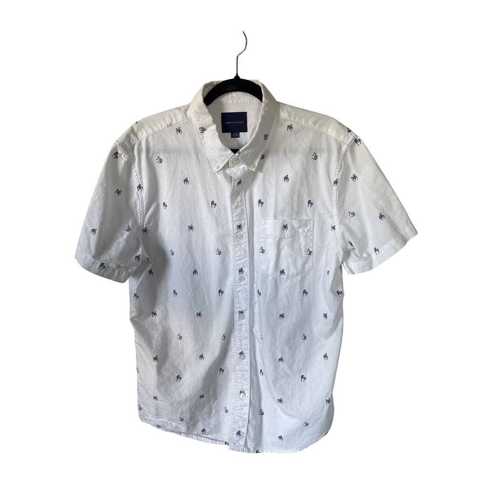 American Eagle Button Down Shirt Mens Large White Good Gesture Print Long Sleeve